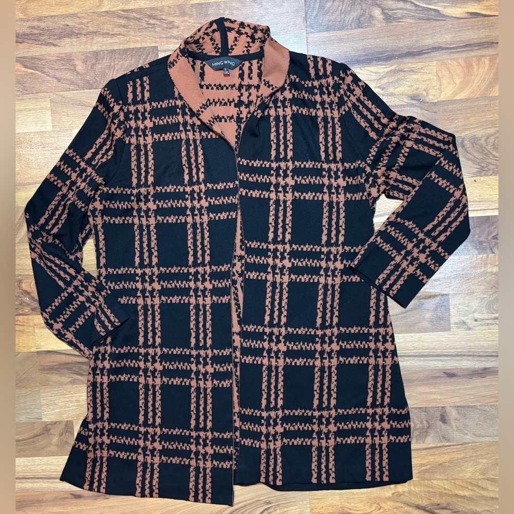 Ming Wang Black Brown Plaid Open Front Knit Jacket Cardigan Womens Large